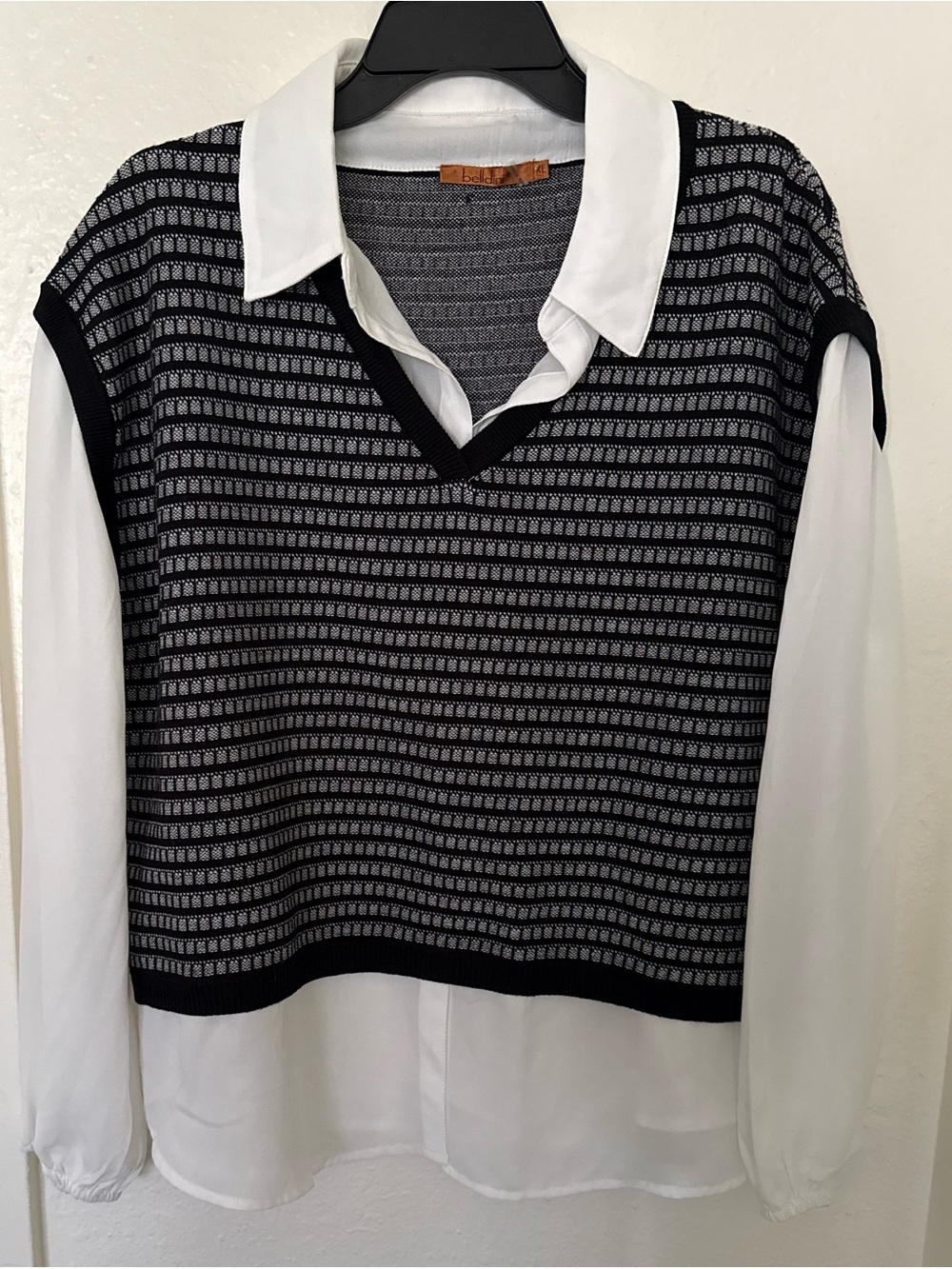 Belldini Women’s 2-in-1 Sweater Vest & Blouse Black/White Size XL  Long Sleeve